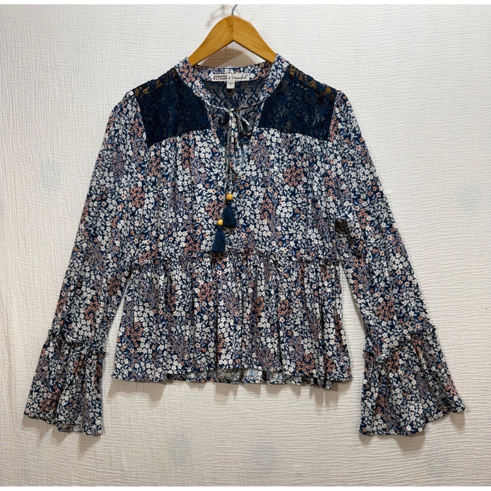 Gypsies & Moondust Peasant Top Women S Navy Floral Boho Bell Sleeve Lace Hippie